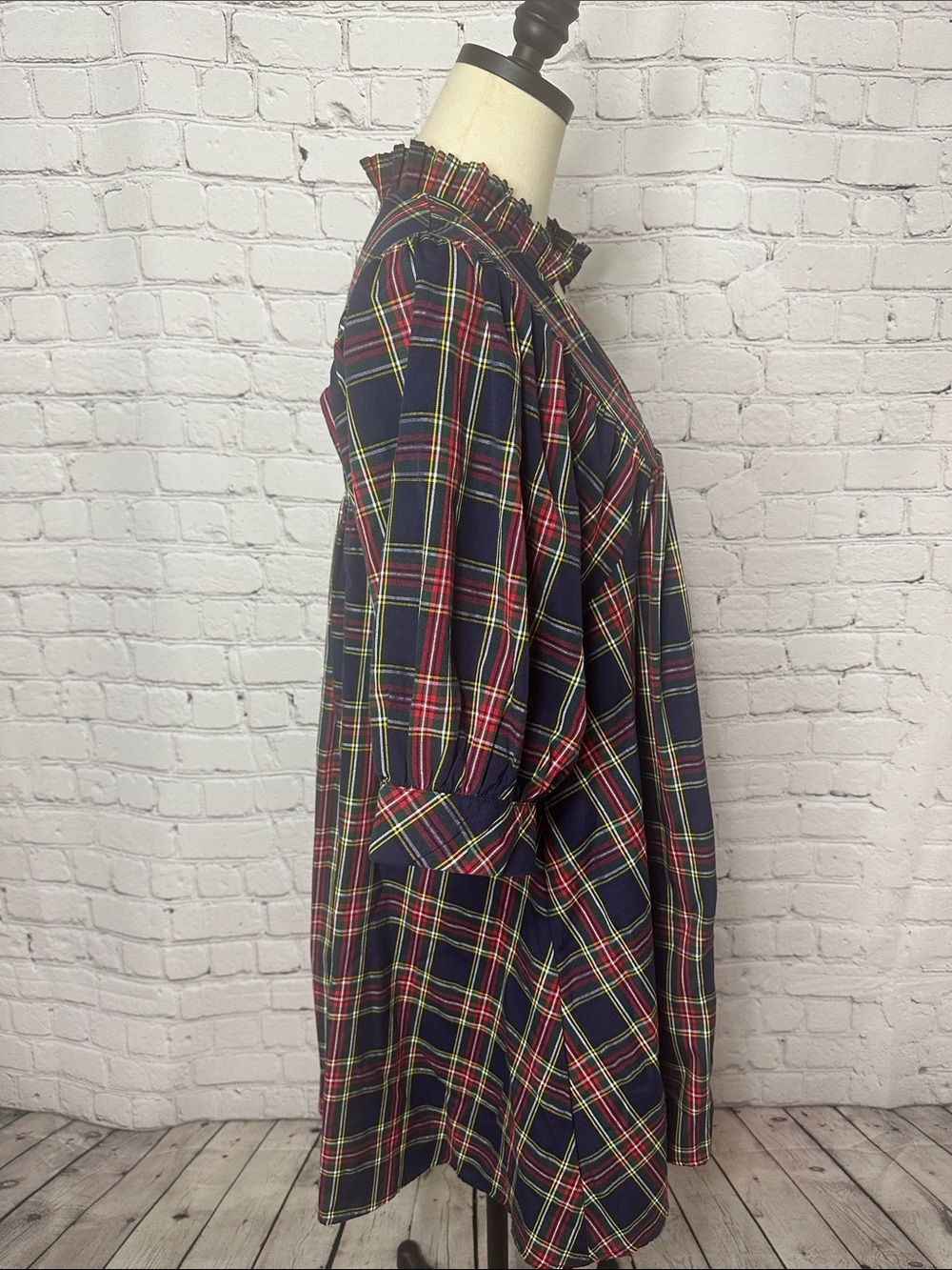 Entro Navy Plaid V Neck Puff Sleeve Babydoll Mini Dress S Small - Picture 3 of 10